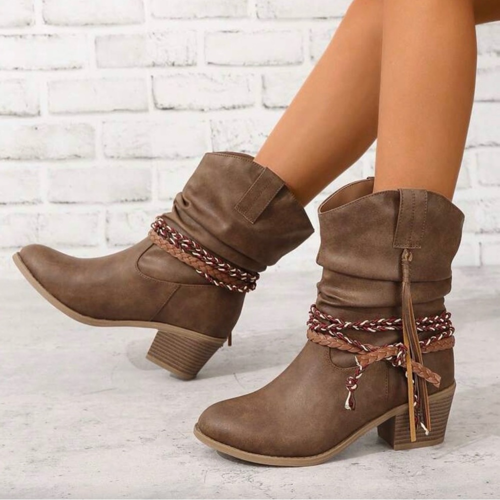 Brown Ankle Boots with Braided Detail - Picture 11 of 14